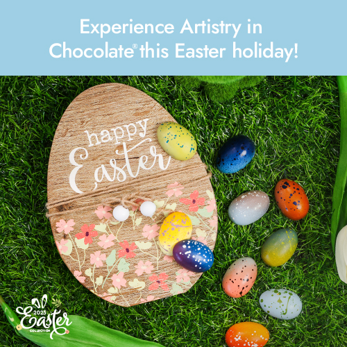 Green grass backdrop, box of multi-colored egg-shaped bon bons, Experience Artistry in Chocolate